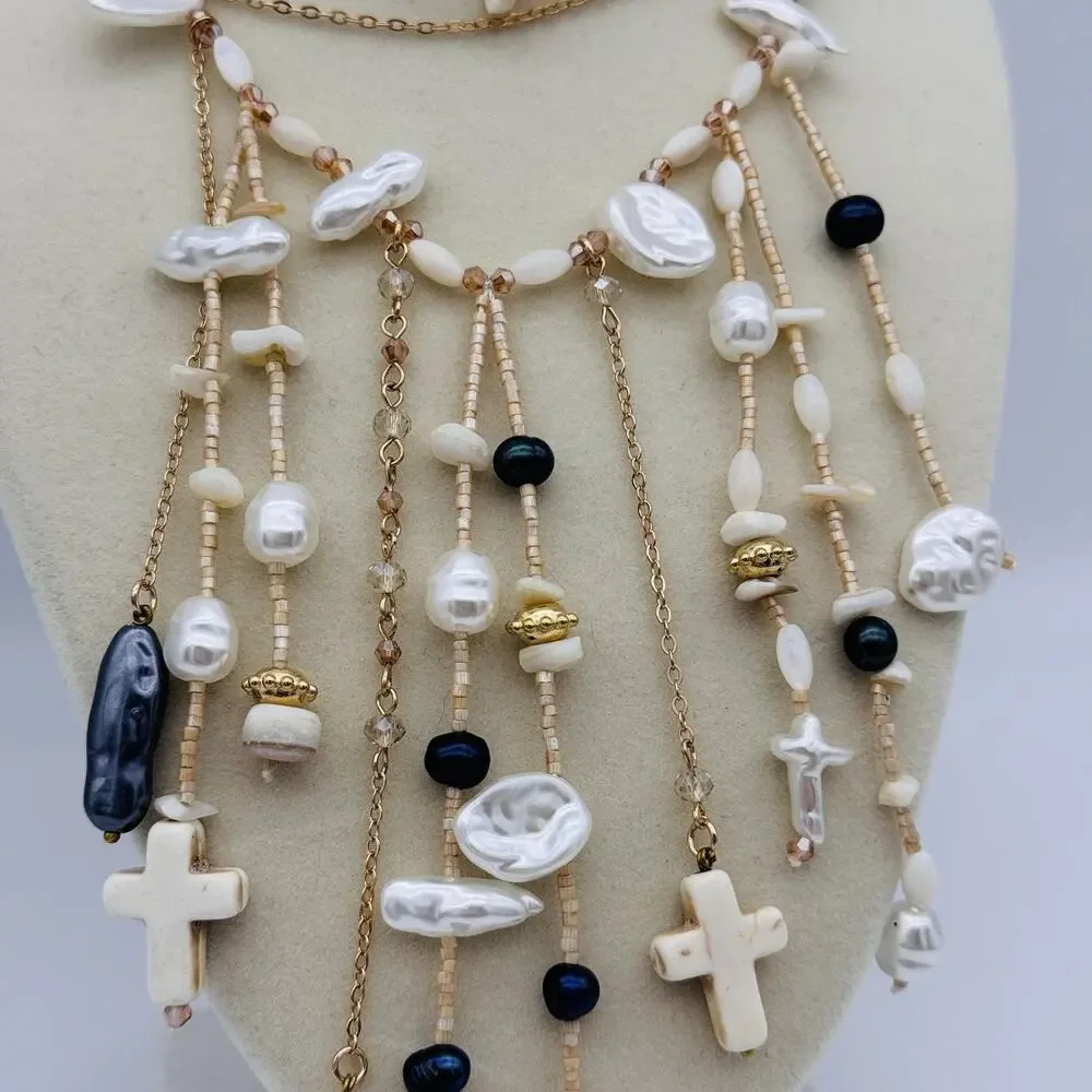 Free People Ariana Ost Something Beautiful Layered Cross Statement Necklace NWT - Picture 6 of 11